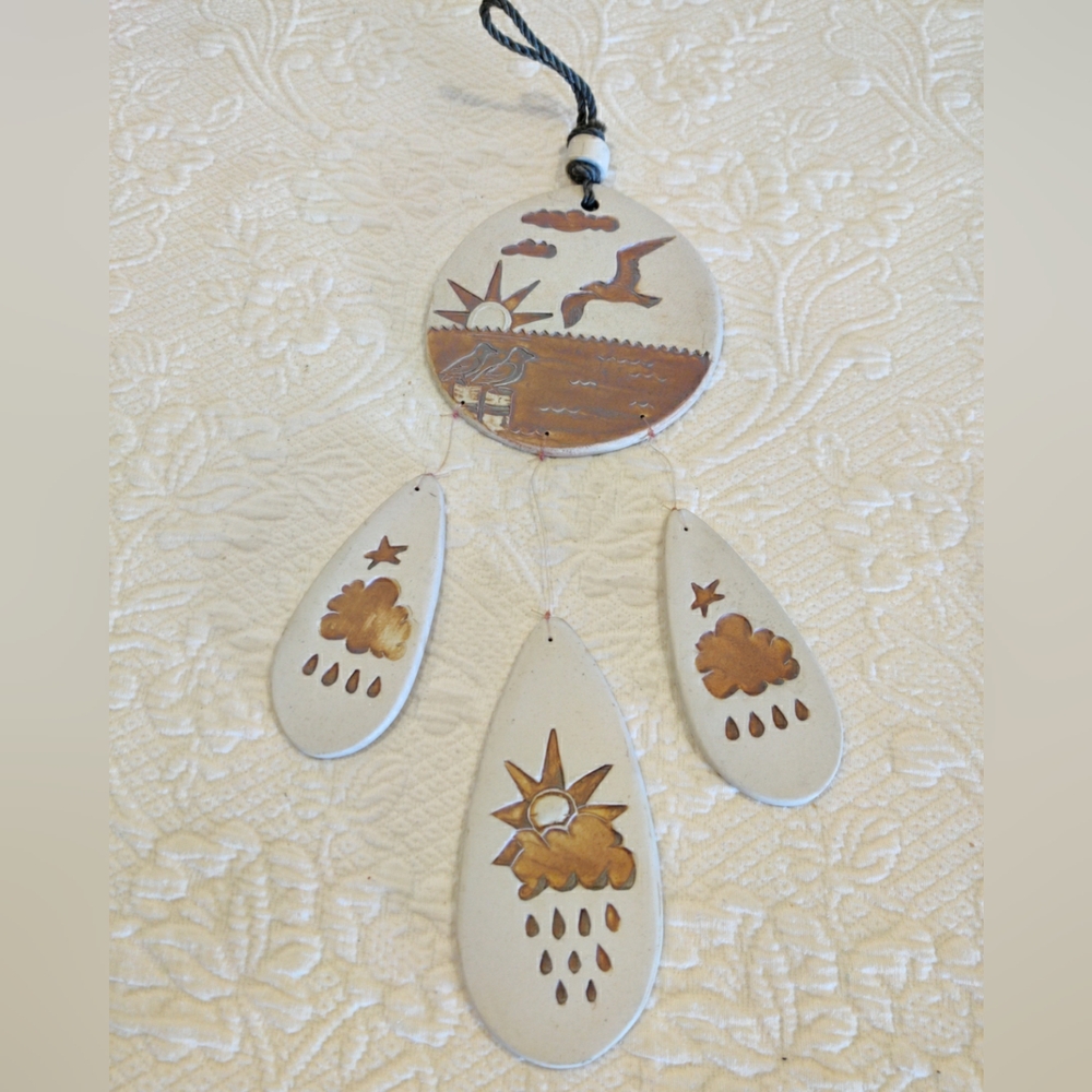 Ceramic Art Wind Chime Decor Seagulls Water Clouds, Sun, Sea Waves Rain Moon
